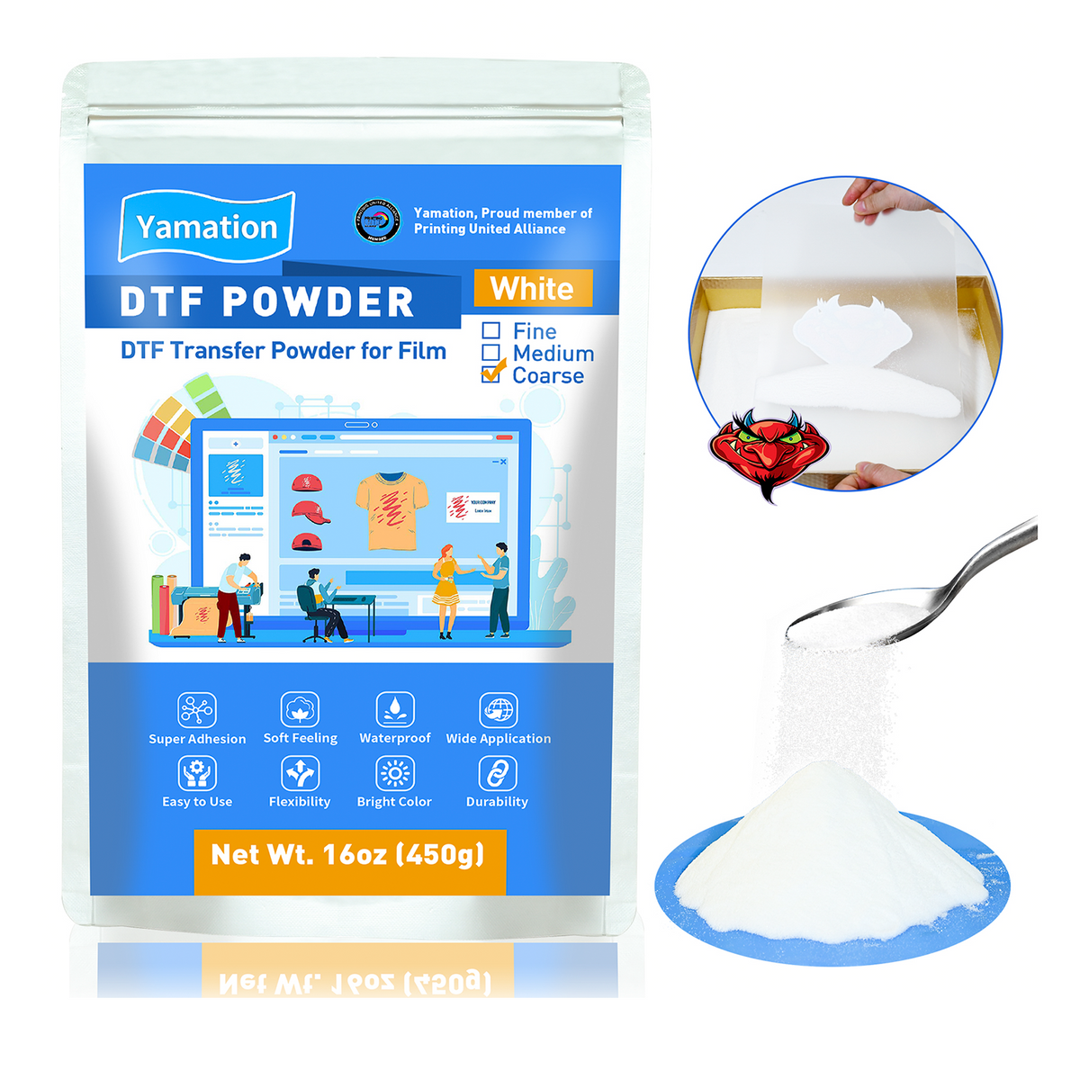 Yamation DTF Powder Kit, DTF Adhesive Powder Include Fine Medium Coarse, White Black DTF Transfer Powder Hot Melt Adhesive Applies to All DTF