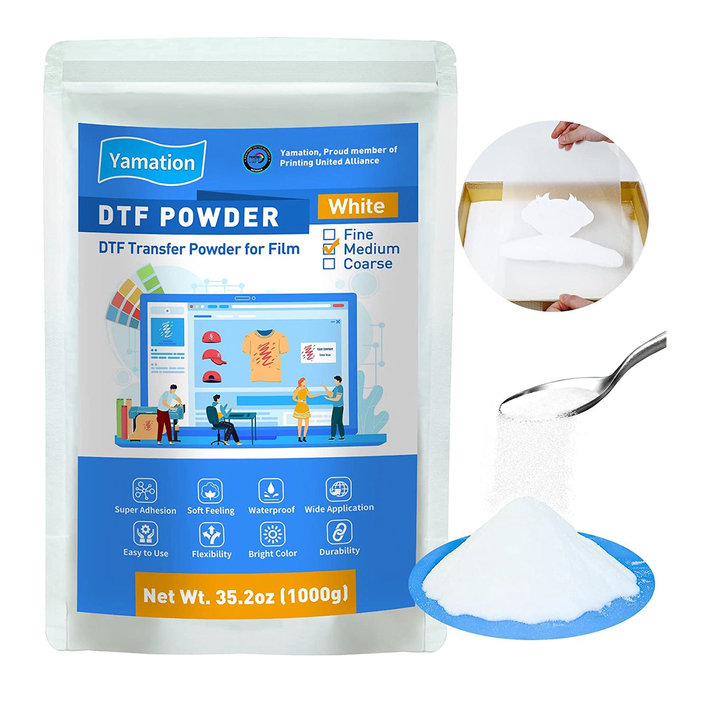 Yamation DTF Powder - White 35.2oz / 1kg - Medium - DTF Adhesive Powder/DTF Transfer Powder