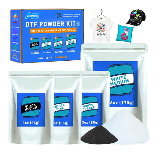 Yamation DTF Powder Kit: White Fine + Medium + Coarse & Black Medium DTF Transfer Powder