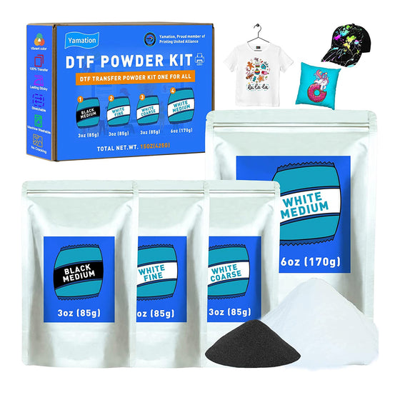 Yamation DTF Powder Kit, DTF Adhesive Powder Include Fine Medium Coarse, White Black DTF Transfer Powder Hot Melt Adhesive Applies to All DTF