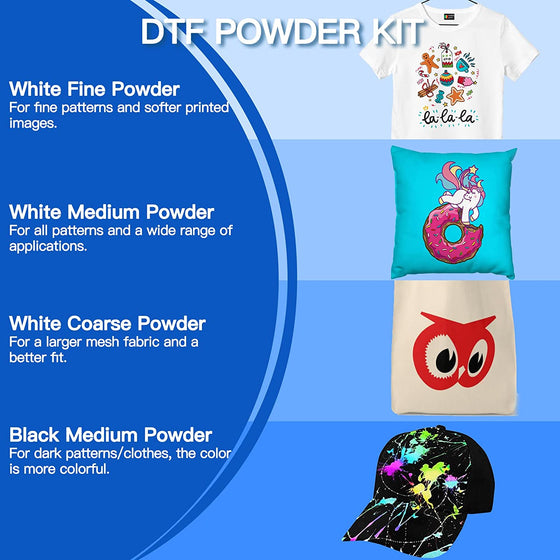 Yamation DTF Powder Kit: White Fine + Medium + Coarse & Black Medium DTF Transfer Powder